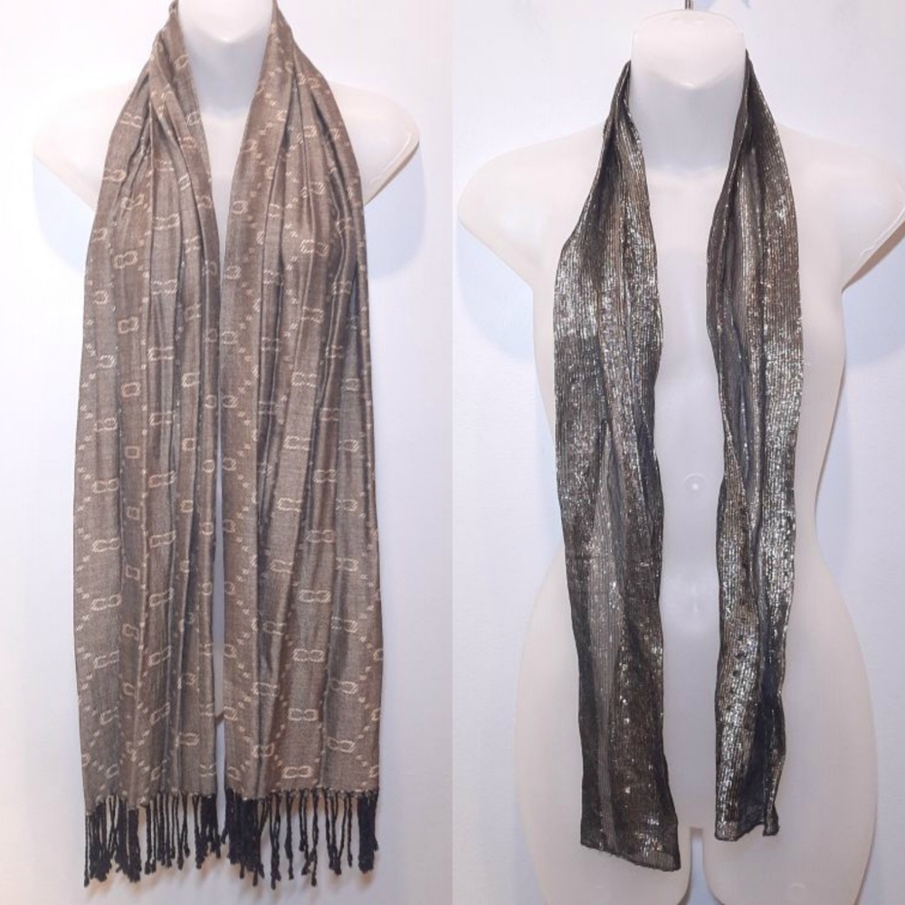 Set Of 2 Evening Scarves Fringed Chain Link Print Metallic Gold Neck Wrap